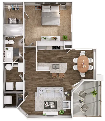 Floor plan for 1 bed, 1 bath, 847 sqft